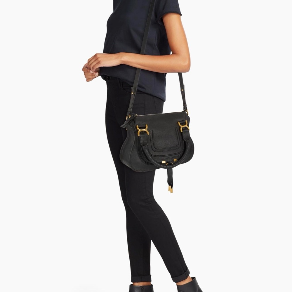 Chloe Small Marcie Leather Satchel Black Crossbody Bag with Gold Accents - Picture 5 of 16